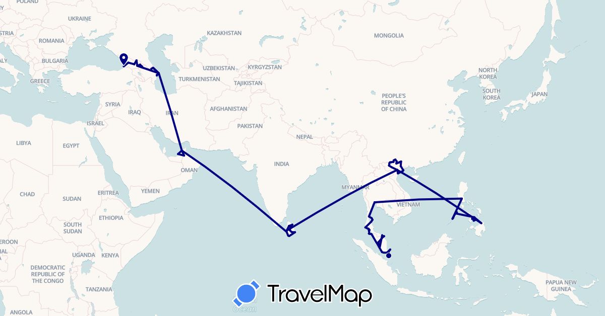 TravelMap itinerary: driving in United Arab Emirates, Azerbaijan, Georgia, Sri Lanka, Malaysia, Philippines, Singapore, Thailand, Vietnam (Asia)
